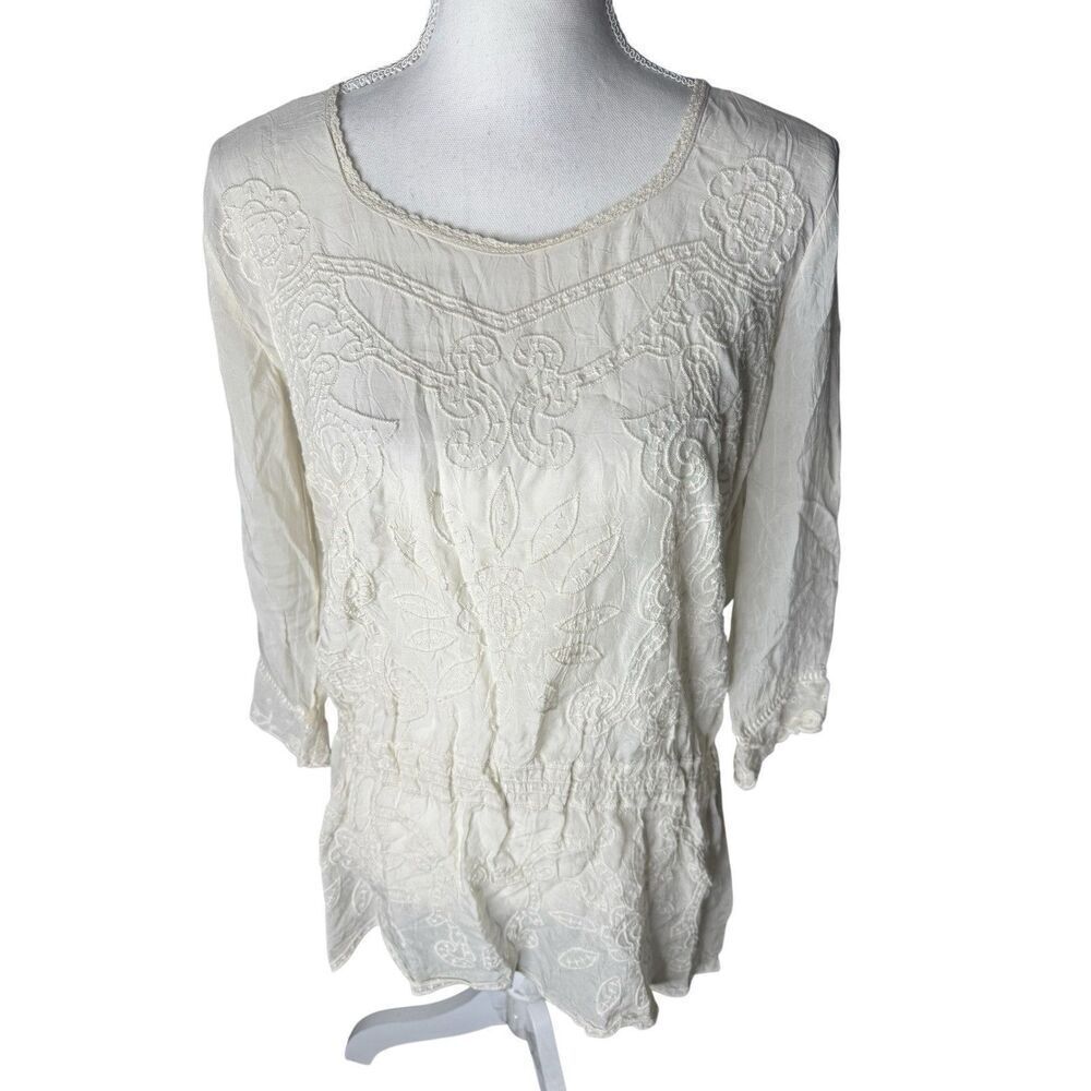 Johnny Was Off White Embroidered Lace Tunic Blouse Size S Fairy Whimsy